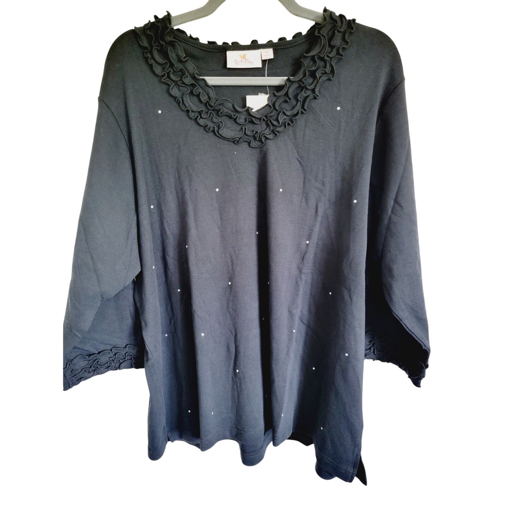 Quacker Factory 2X Black Beaded 3/4 Sleeve V‎ Neck Top Pullover Ruffles NWT